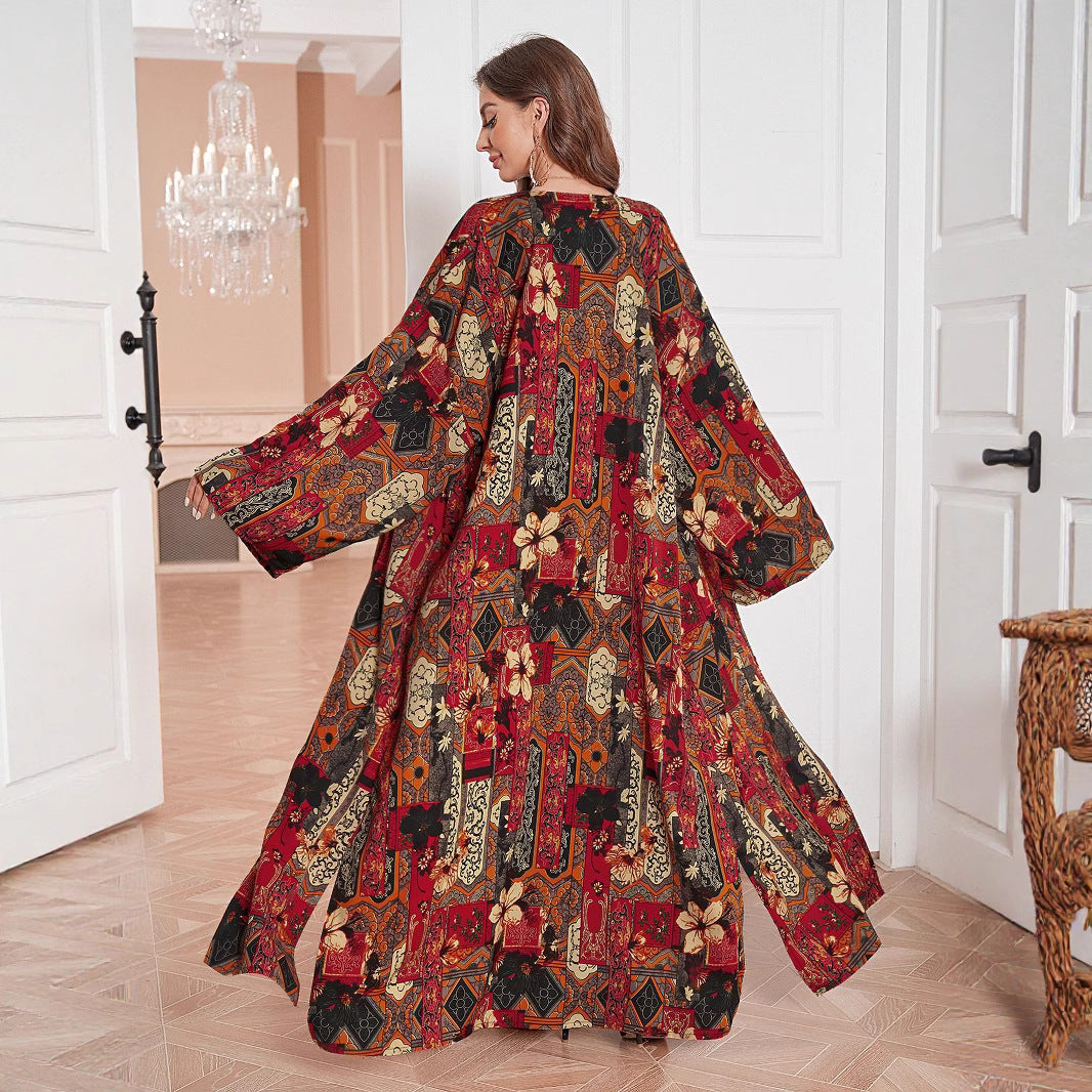 Robe châle du Moyen-Orient, style arabe, manches tombantes, imprimée