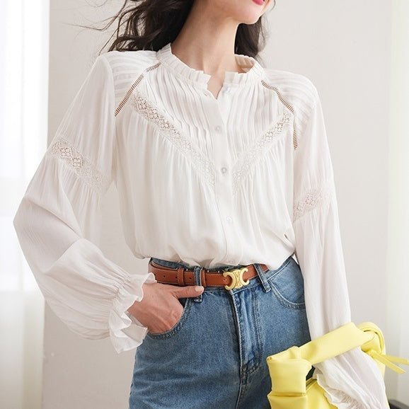 White Patchwork French Style Shirt with Lantern Sleeves