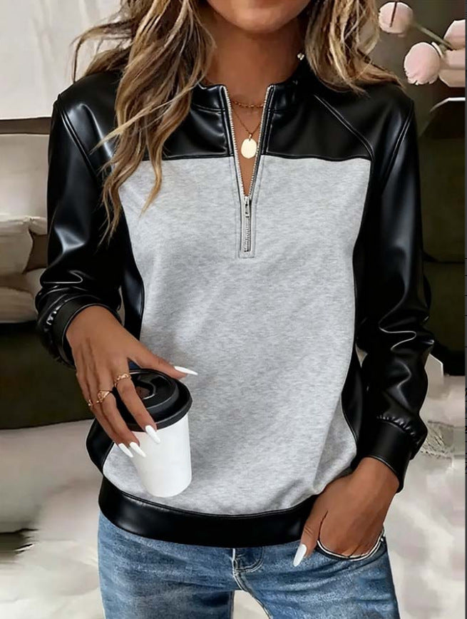 Womens Contrast-Color Stand-Up Collar Half-Zip Base-Layer Long-Sleeve Top