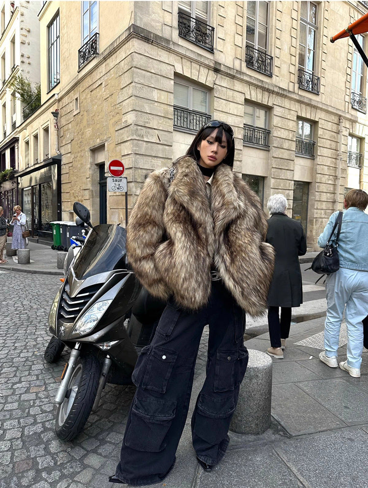 Women's Fur Coat Raccoon Fur Coat Brown Lapel Warm Furry Coat European And American Leisure