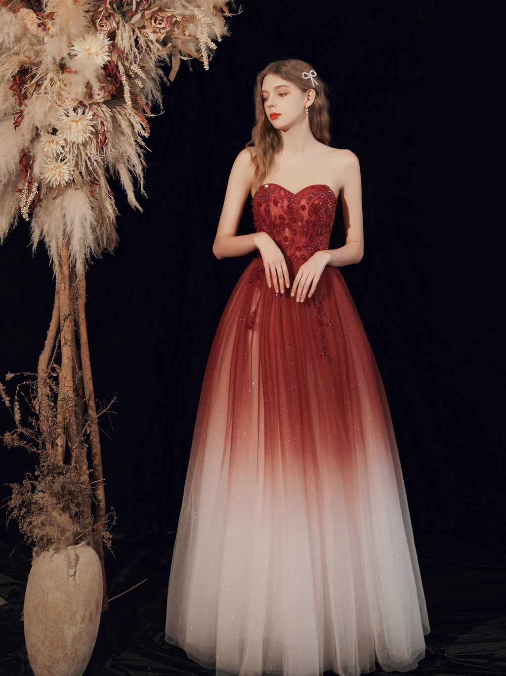 Women's Elegant Gradual Wine Red Mesh Evening Dress for Wedding Banquet