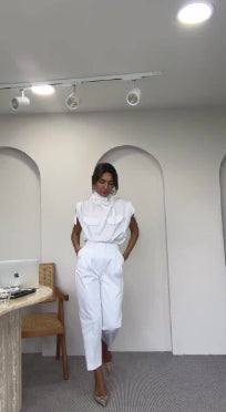 Shoulder and Waist Slimming Blouse with Belt and Pants Set