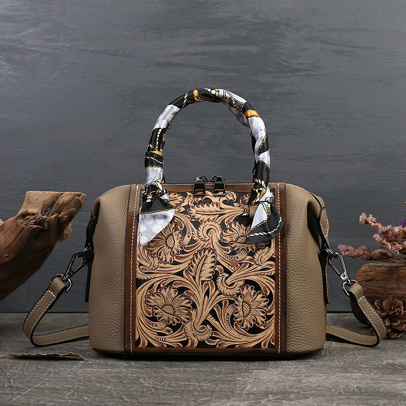 Vintage First Layer Cowhide Leather Carving Textured Portable Messenger Bag