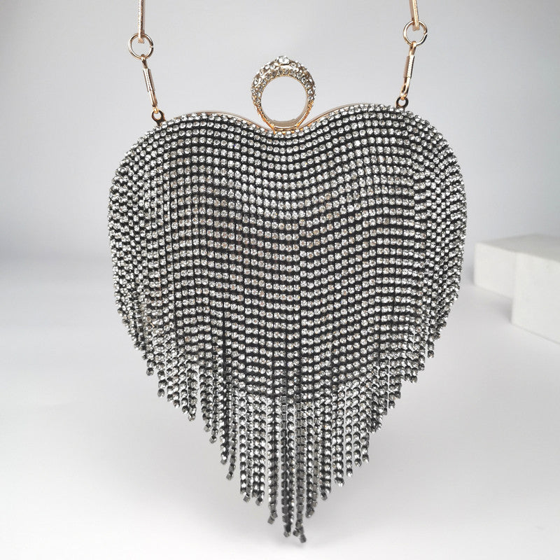 Women's Heart-Shaped Tassel Diamond Dinner Handbag 17x20x9cm Black Gold Silver