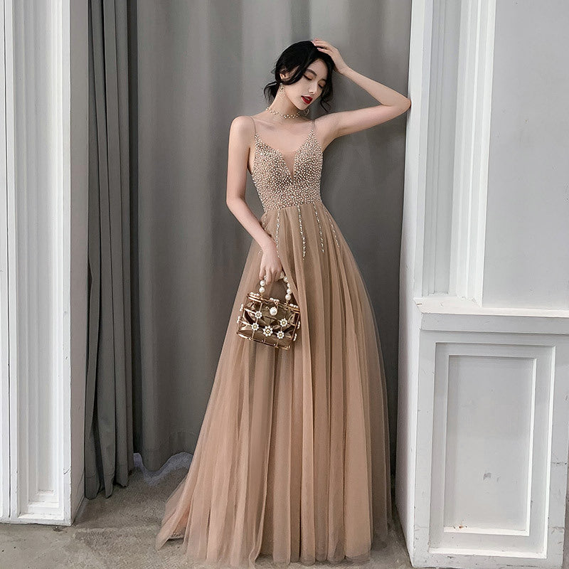 Elegant Light Khaki Sling Dress Skirt with Sequins for Annual Meeting Host