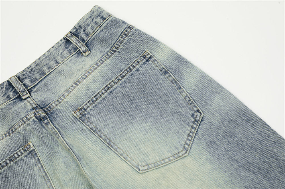 Men's Mid Waist Blue Washed Denim Trousers Ripped Jeans
