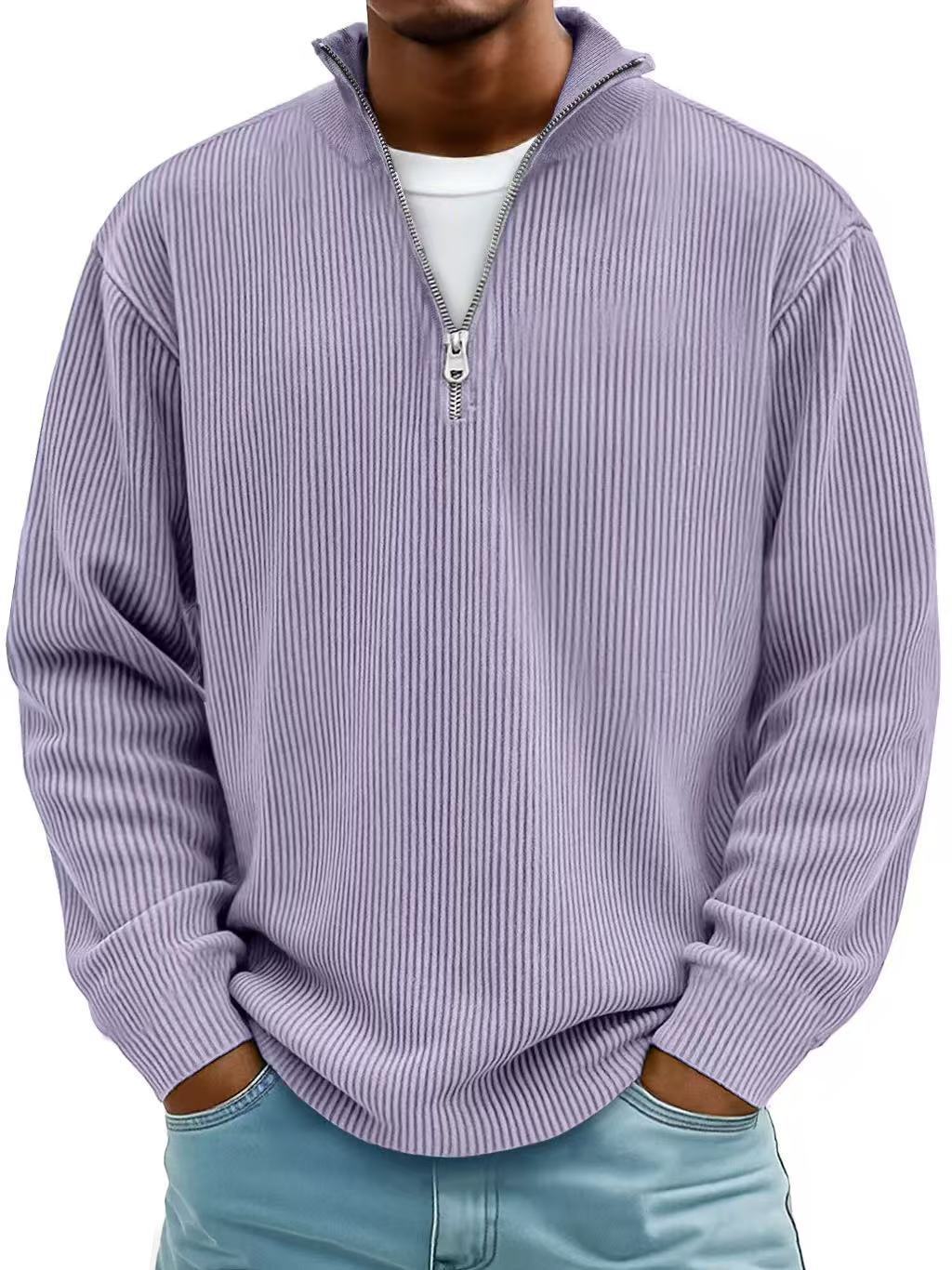 Casual Ribbed Stand Collar Corduroy Zipper Long Sleeve Pullover