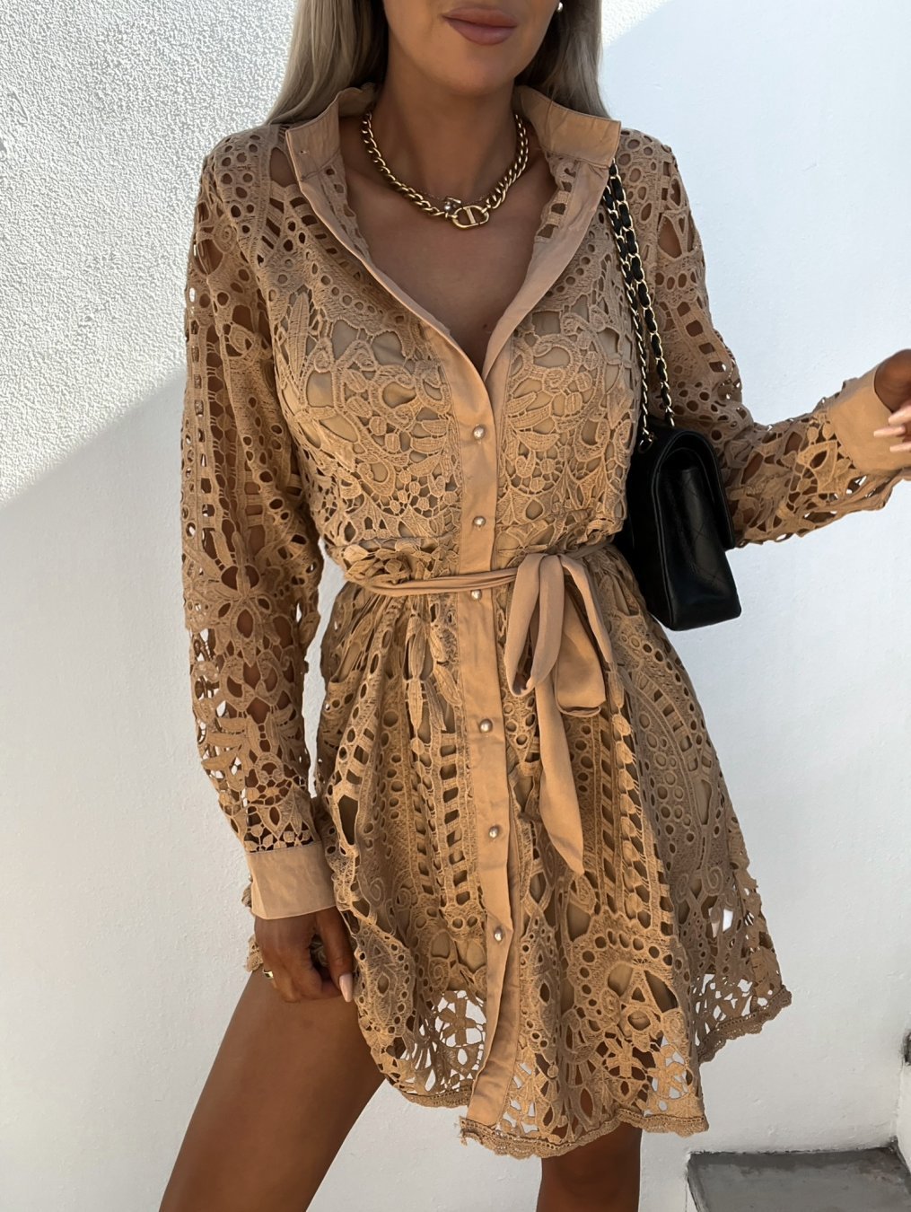 Solid Cutout Lace Single Breasted Long Sleeve Dress