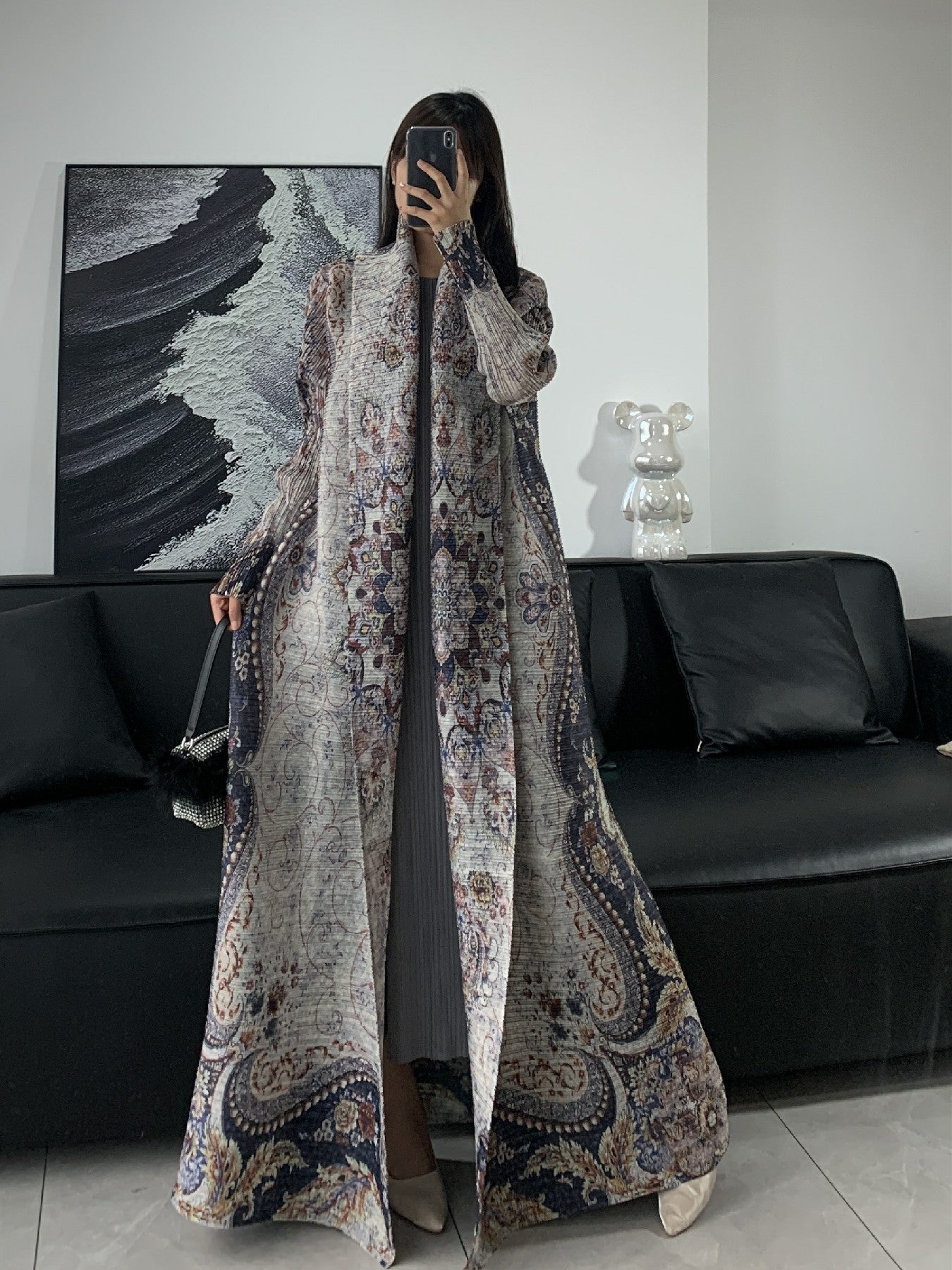 Pleated Print Fashionable All-match Lace-up Loose Arabian Abaya Robe