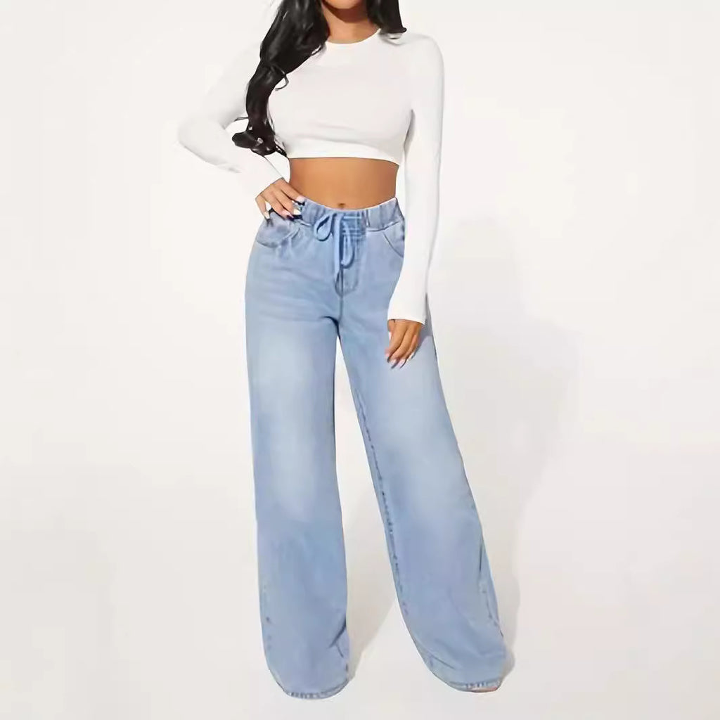 High Waist Light Blue Wide Leg Drawstring Jeans