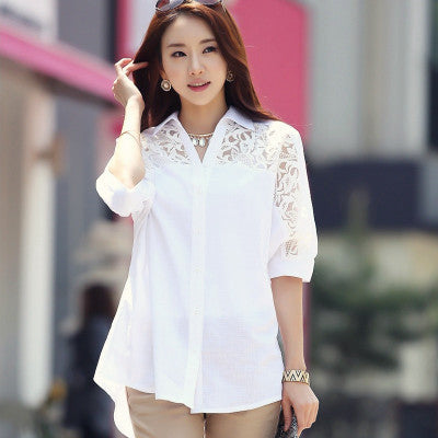 White Loose Five-point Mid-sleeve Short-sleeved Shirt