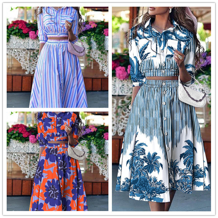 Printed Button Pocket Blouse & Mid-Length Skirt Suit with Stand Collar