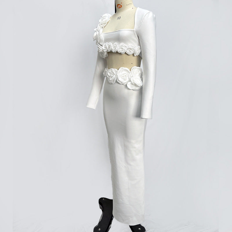 Ladies White Long Sleeve Bandage Dress XS-L Polyester