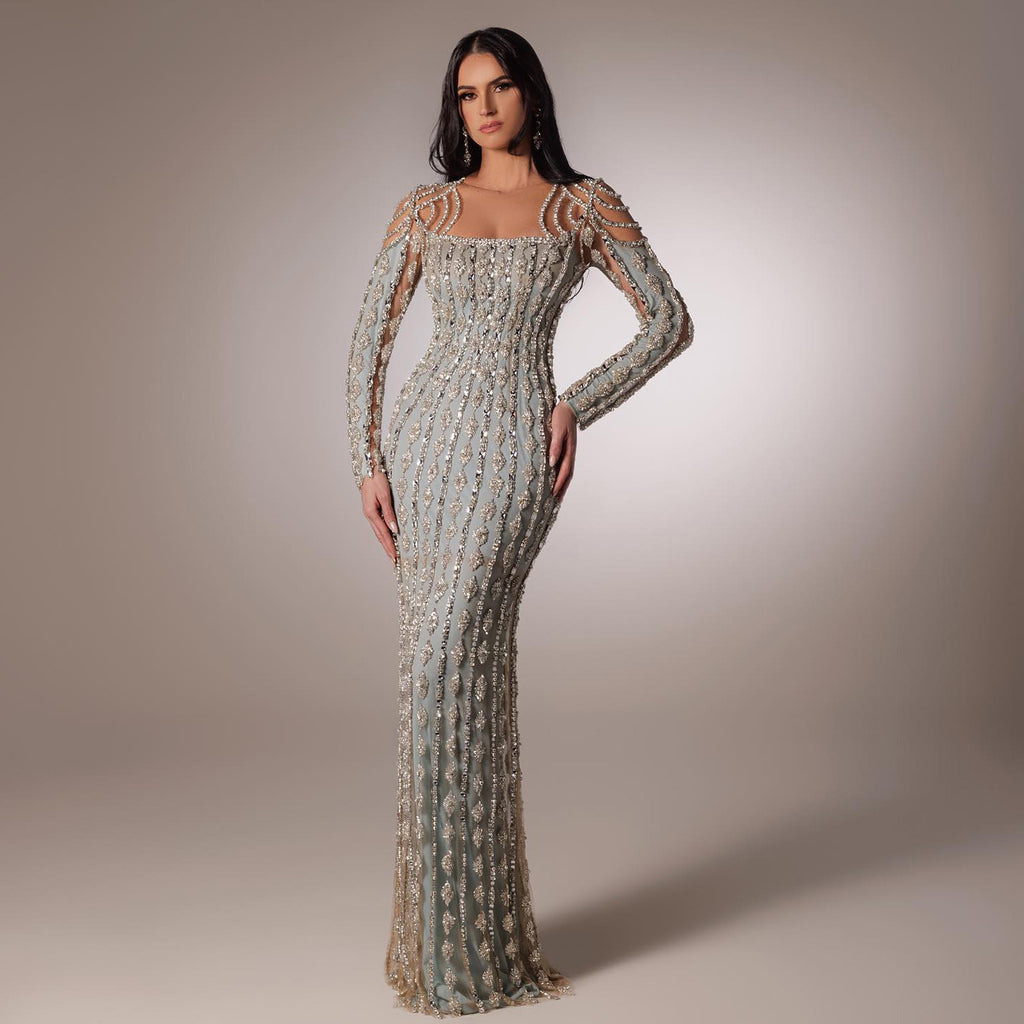 Robe longue queue de poisson grise ajustée avec dentelle et manches longues