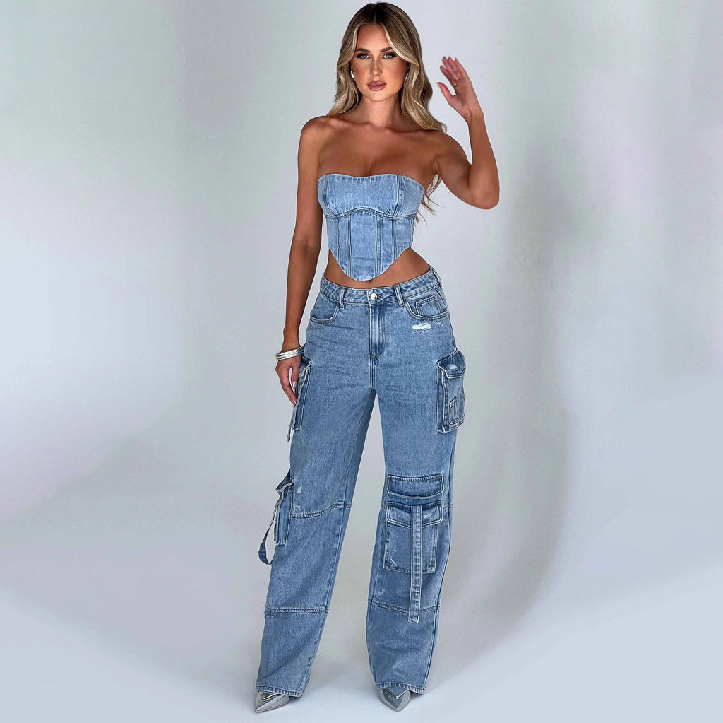 Jean taille basse ample pour femme avec poches et haut