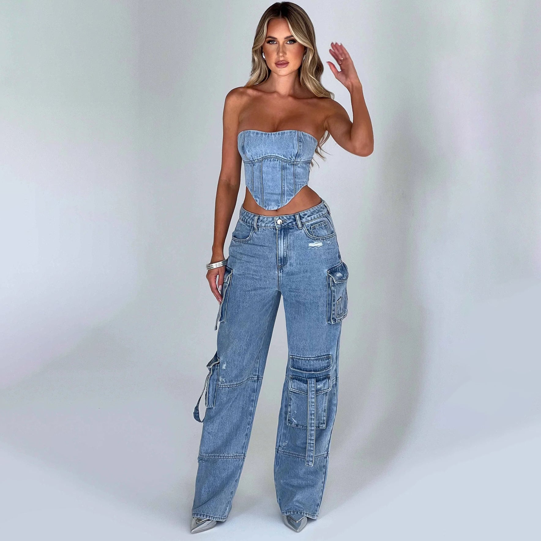 Jean taille basse ample pour femme avec poches et haut