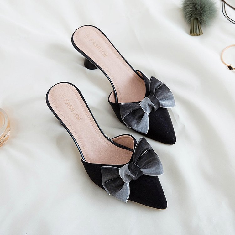 Pointed-Toe Bowknot Mid Heel Sandals for Women in Black, Pink & Beige