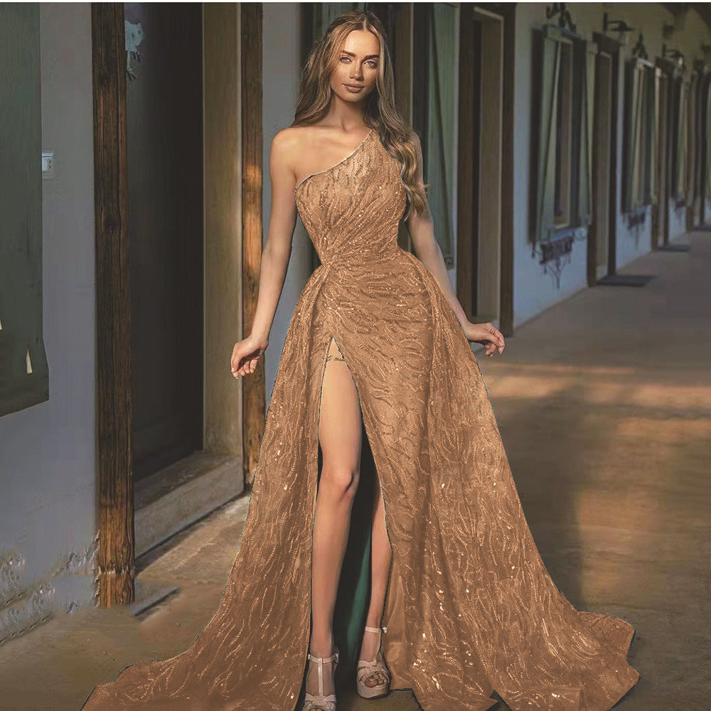 Women's Sleeveless Diagonal Shoulder Split Long Cocktail Dress