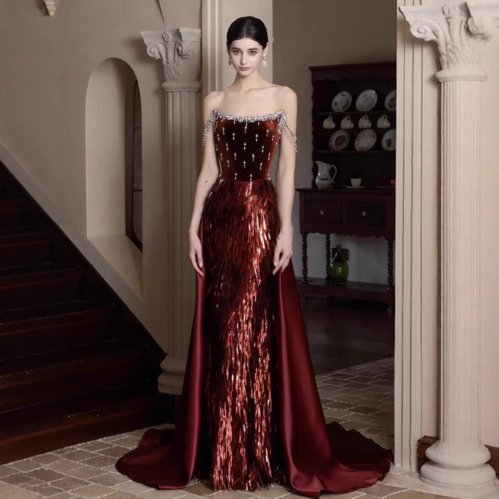 Wine Red French Evening Dress for Toasting Women