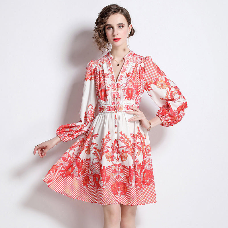 Women's Elegant Retro Print Lantern Sleeve Neck Waist Dress