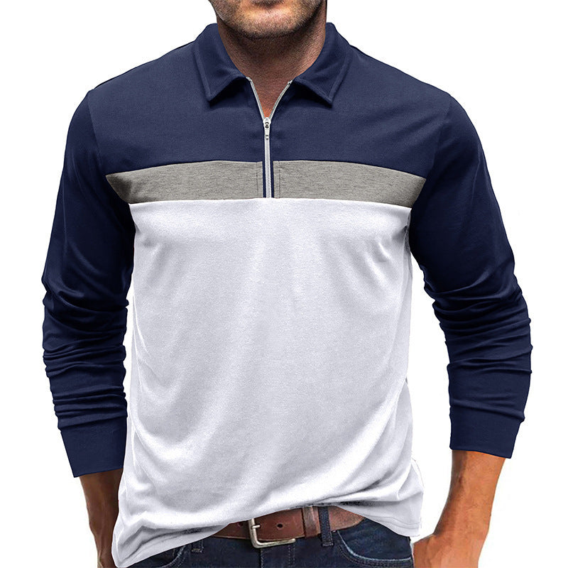 Men's Autumn Winter Lapel Colorblock Polo Shirt with Zipper Detail