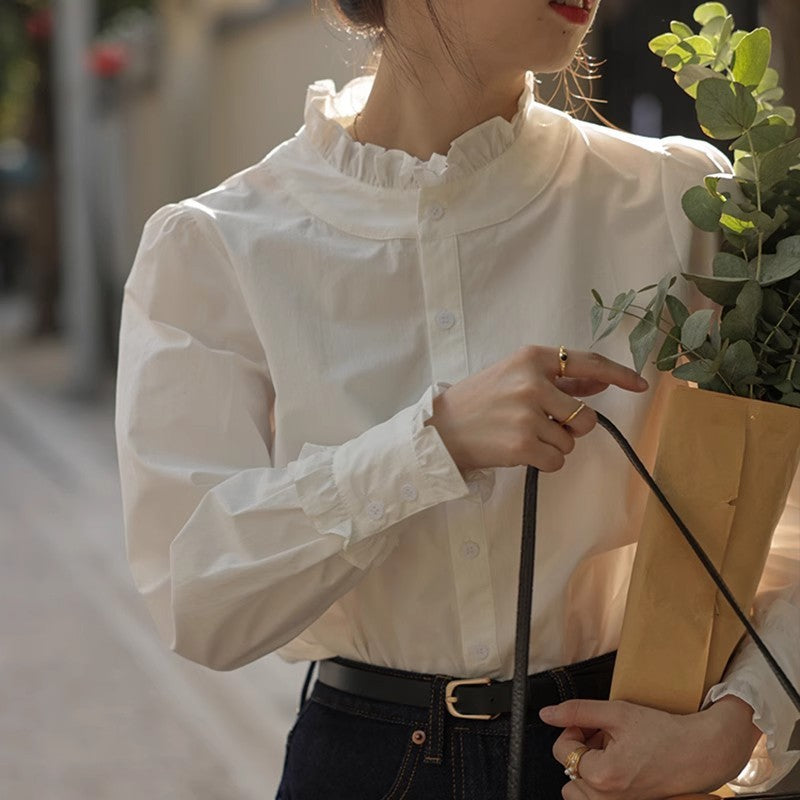 Chemise en polyester à col en dentelle blanche pour femme