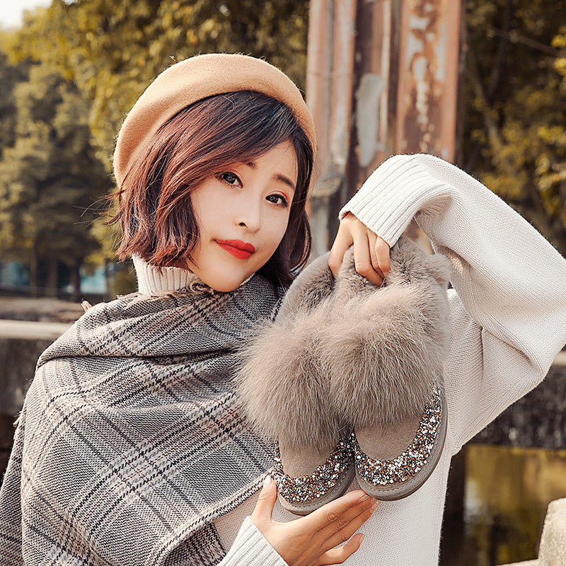 Fox Fur Shallow Mouth Short Boots New Snow Women