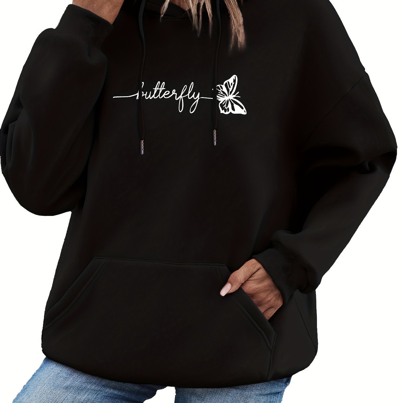 Womens Casual Pullover Hoodie with Drawstring and Butterfly Print