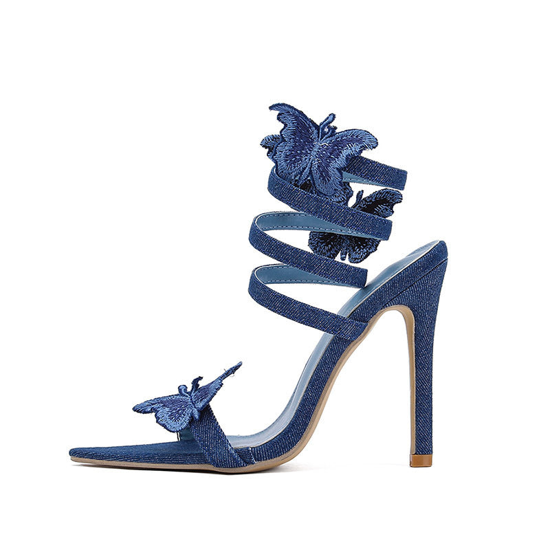 Women's Denim Blue Open Toe Bow High Heels Pointed Toe Summer Shoes