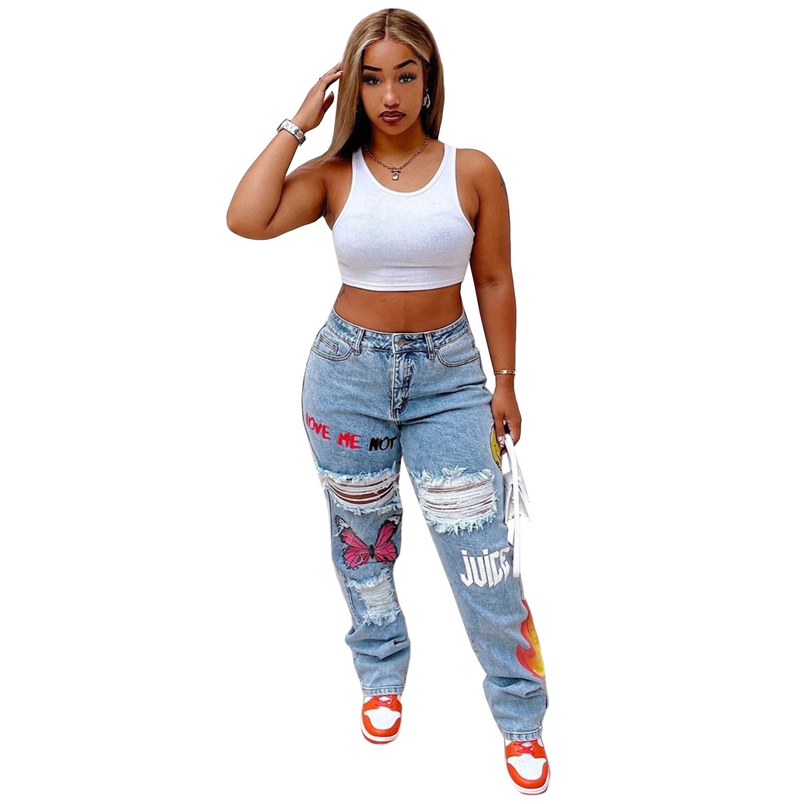 Jean fashion femme taille haute imprimé numérique déchiré bleu