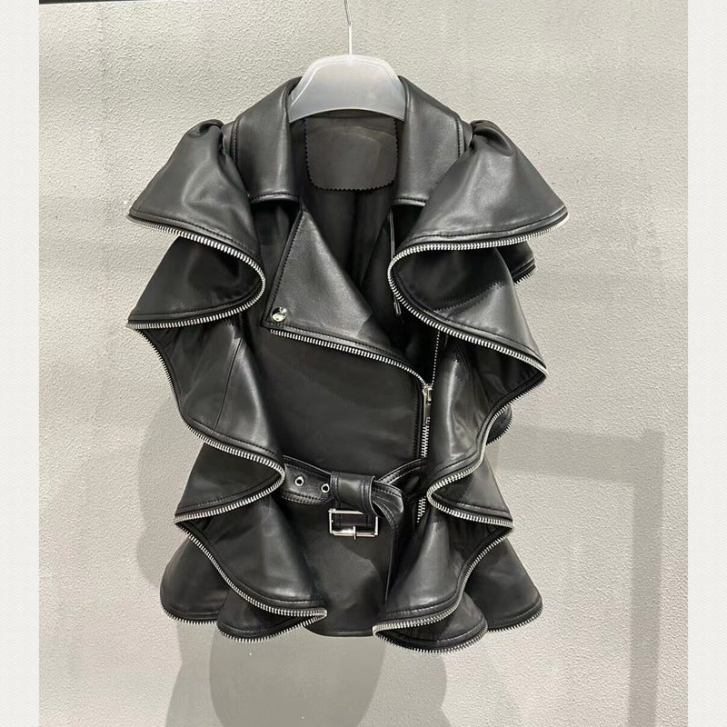 Black Sheepskin Leather Vest Heavy Work Coat