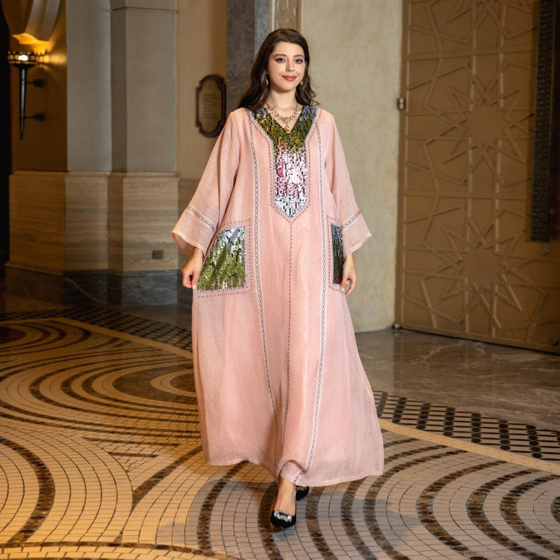 V-Neck Embroidered Sequin Arabian Women's Loose Dress