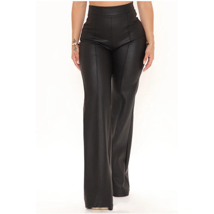 High Waist Loose Black Faux Leather Zipper Pants for Women