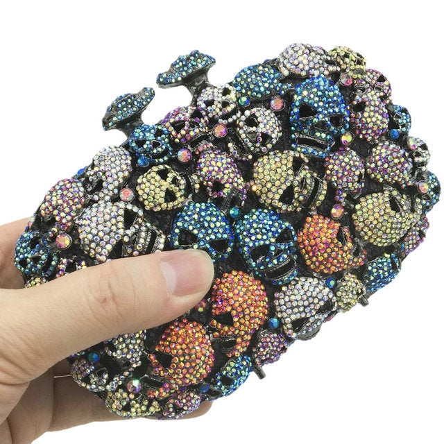 Diamond-Encrusted Small Evening Bag With Skull Rhinestones and Magnetic Buckle