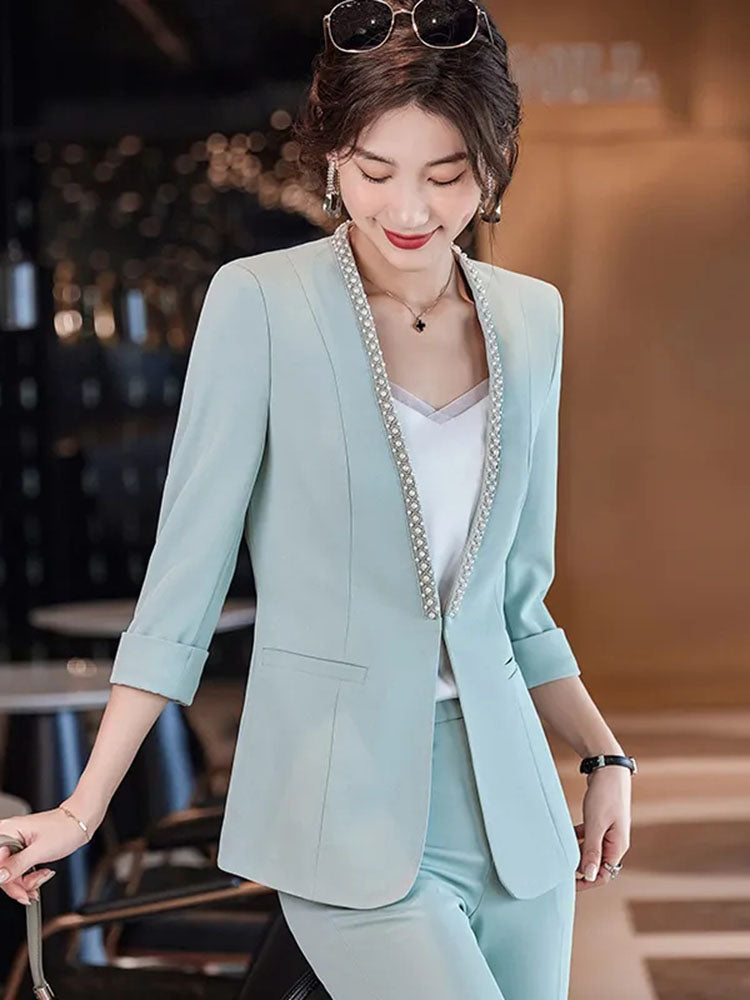 Plus Size Women's Thin Suit Jacket in Green, White & Black