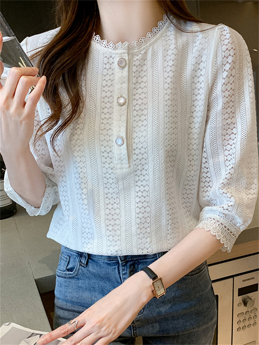 Women's Slim And Western Style Three-quarter Sleeve White Lace Top