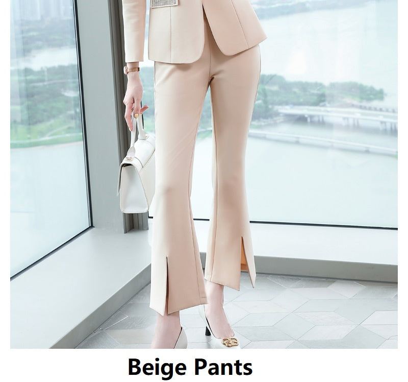 Tailleur-pantalon professionnel pour femmes en polyester avec manteau – Beige, Rouge, Noir, Tailles S-4XL