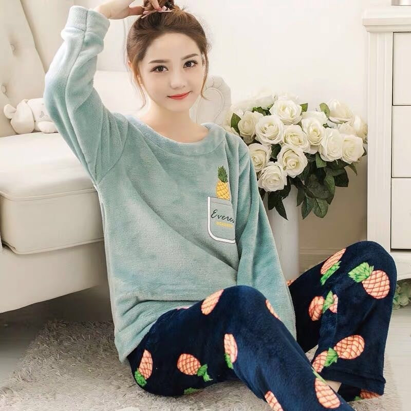 Winter Flannel Long Sleeve Thicken Plus Fleece Homewear Pajamas for Women
