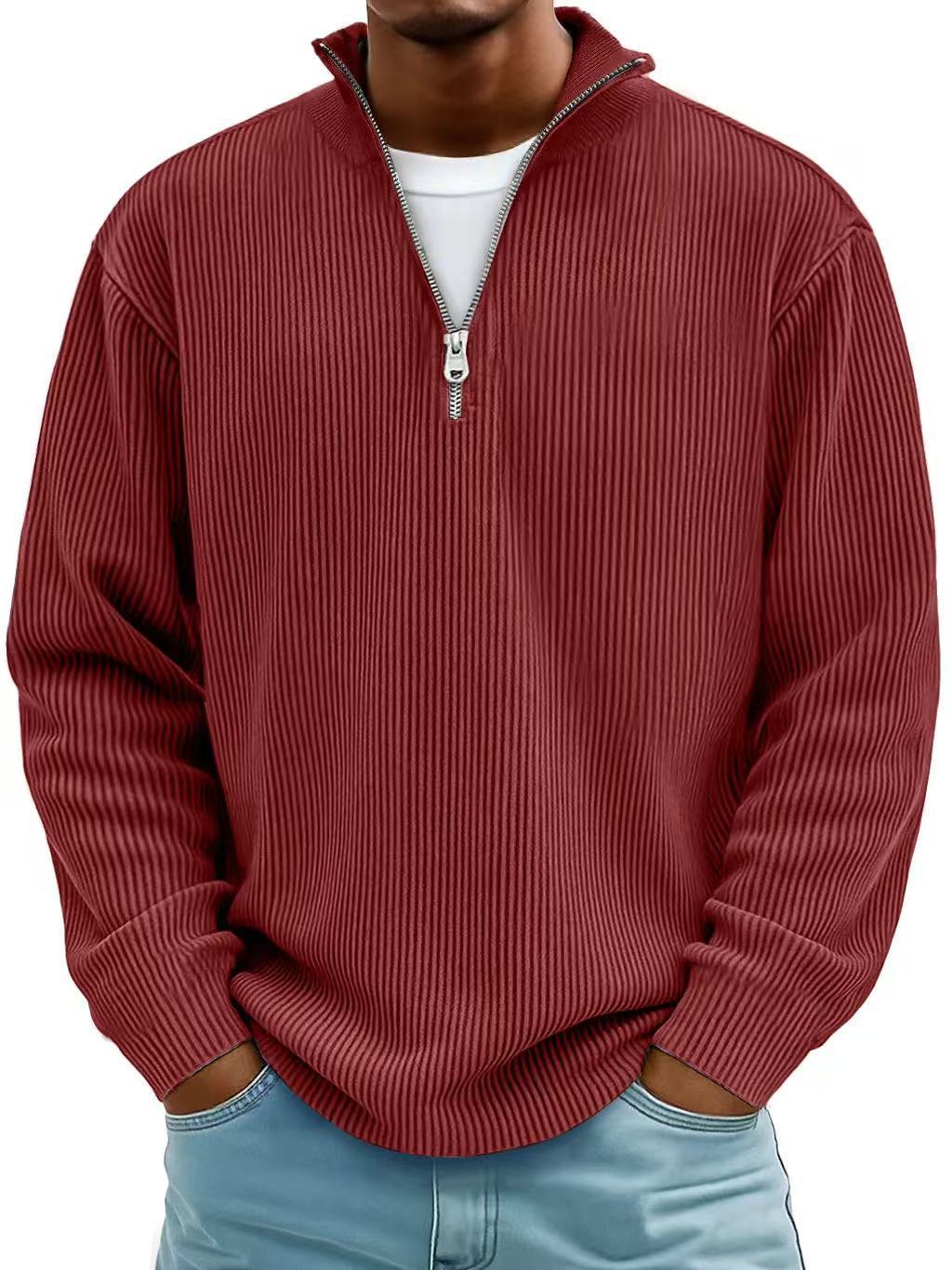 Casual Ribbed Stand Collar Corduroy Zipper Long Sleeve Pullover