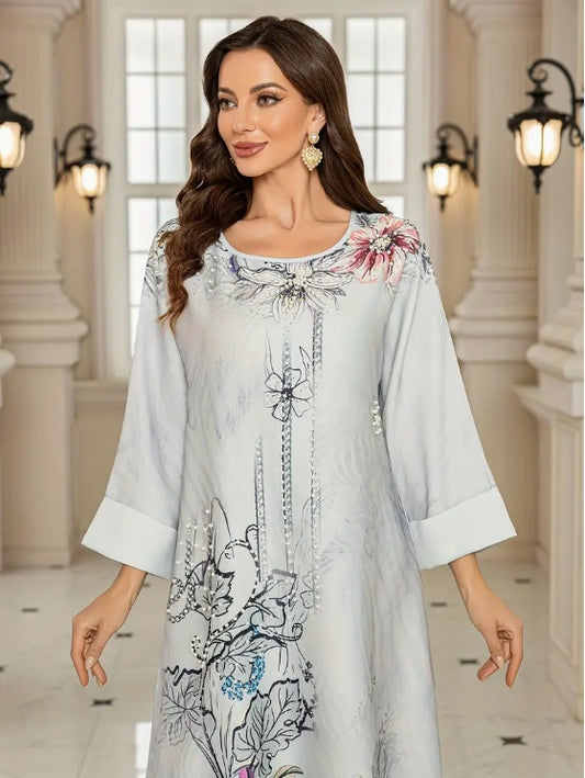 Robe abaya élégante à manches longues et imprimé floral