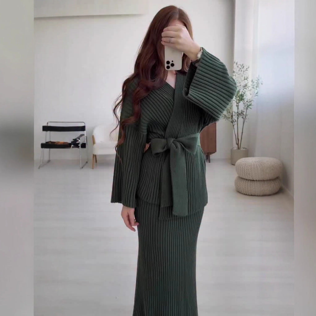 V-Neck Ribbed Sweater Knit Wrap Dress with Straight Skirt & Bow Tie