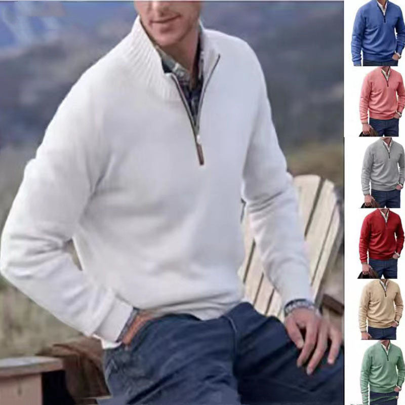 Pull homme à col montant zippé, en maille, style décontracté, couleur unie.