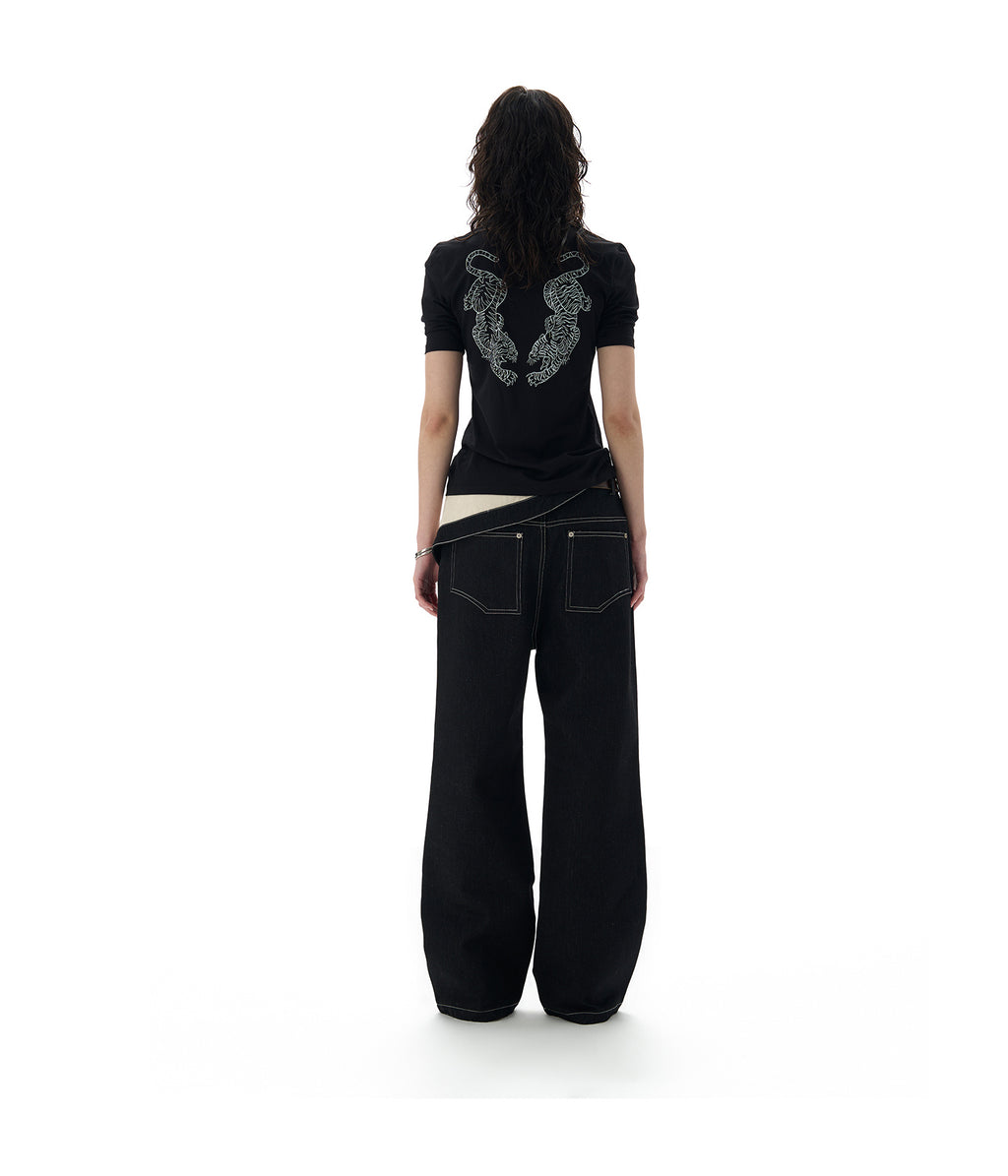 Flip Over Cotton Black Printed Waist Pants