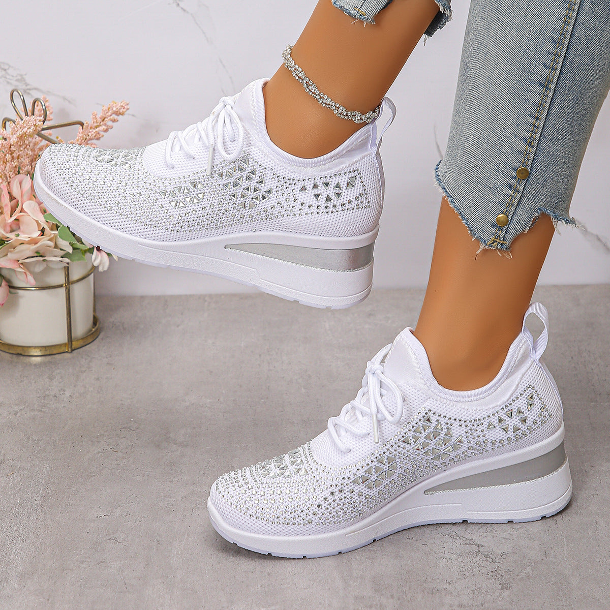 Ins Rhinestone Lace-Up Wedge Sneakers Women's Casual Commuting Sports Shoes