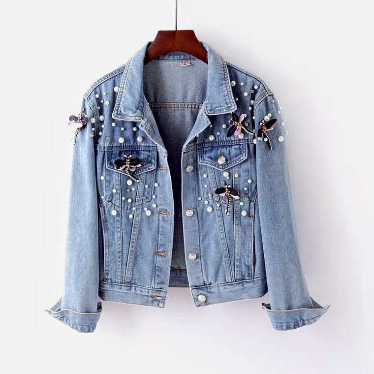 Veste en jean femme coupe slim style coréen, longueur courte, bleue