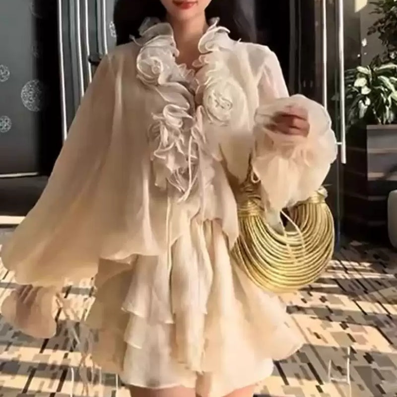 French Style Puff Sleeve Stand-Up Collar Shirt Dress for Women Polyester