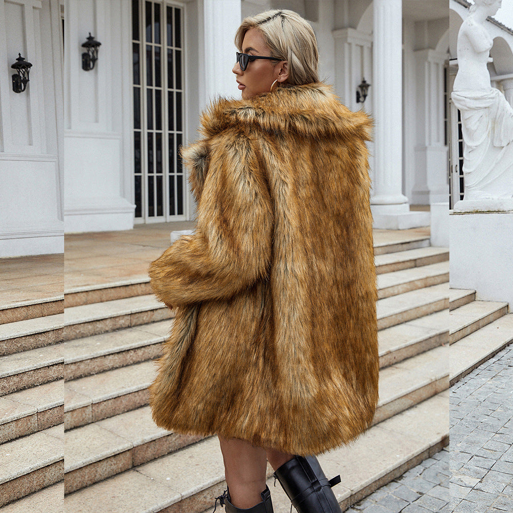 Loose Casual Women's Yellow Faux Fur Coat