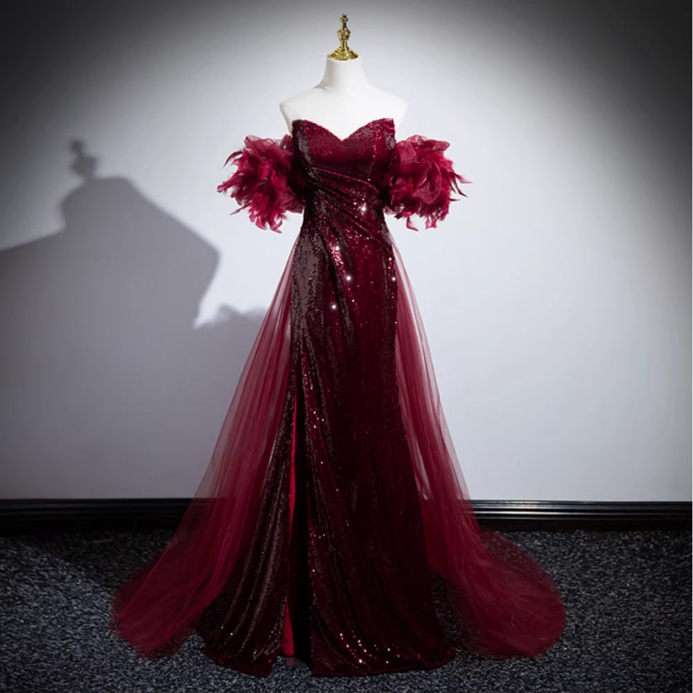 Wine Red Fishtail Sequins Wedding Evening Dress with Lantern Sleeves