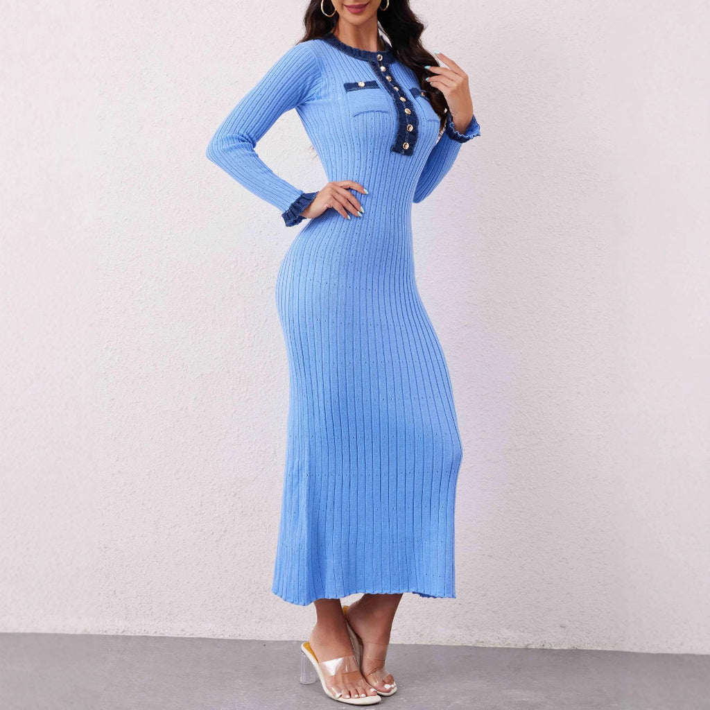 Robe mi-longue élégante en maille taille haute et coupe ajustée