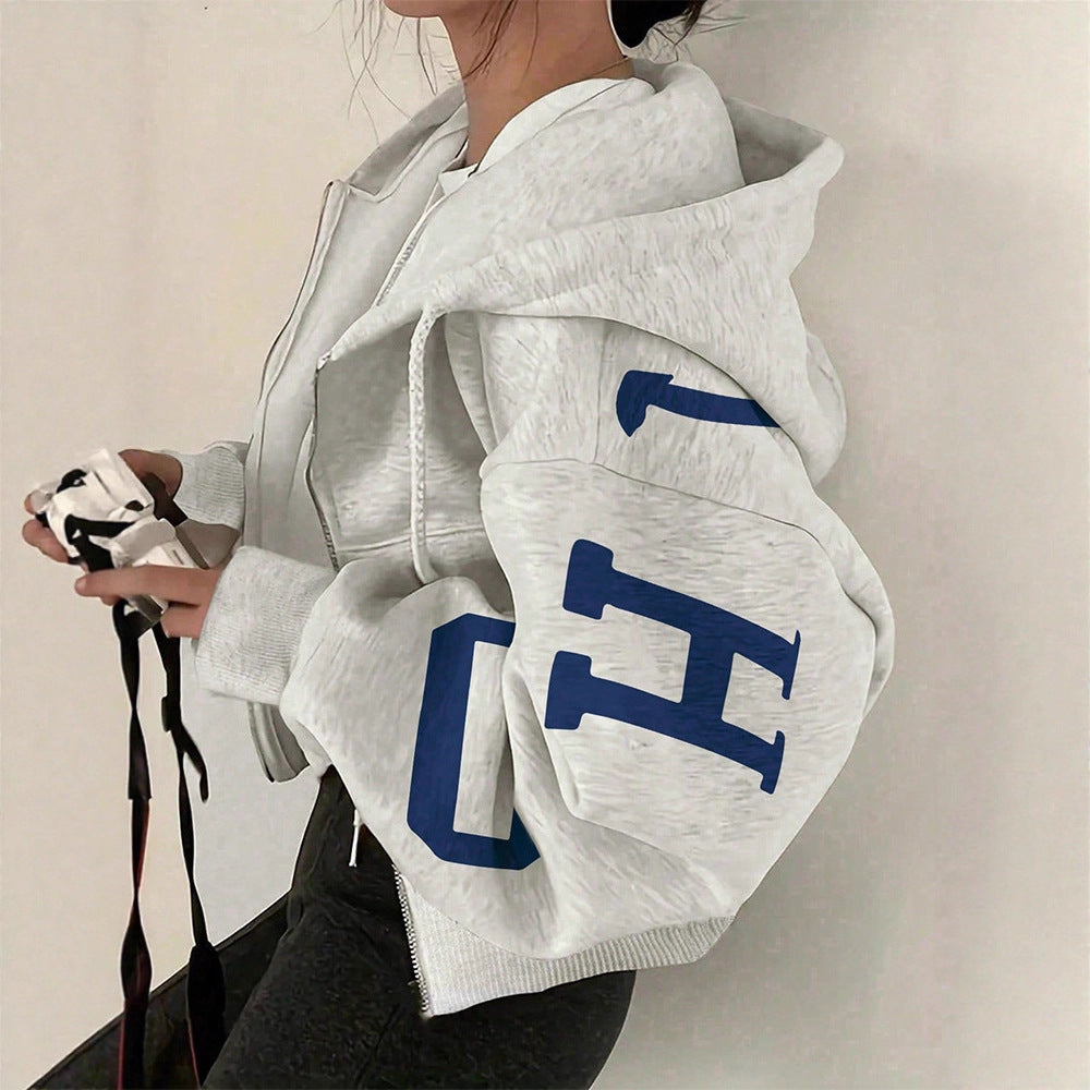 Sweat-shirt décontracté zippé à manches longues pour femme avec motif imprimé